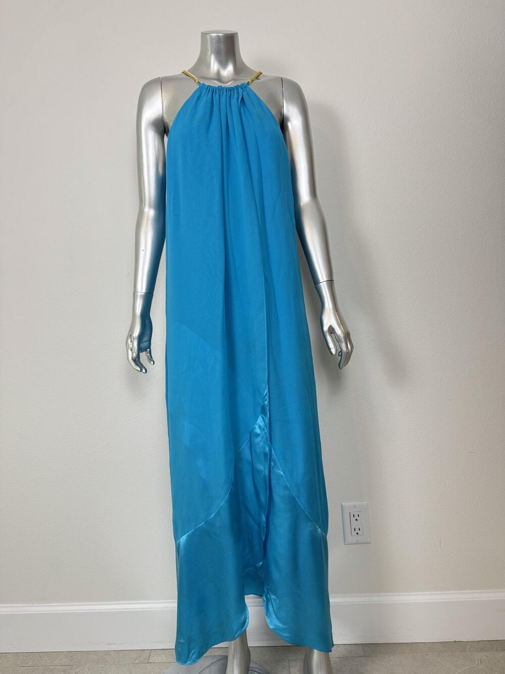 Trina Turk Silk Halter Maxi Dress Womens 4 Aqua Blue Gold Strap Layered Chiffon